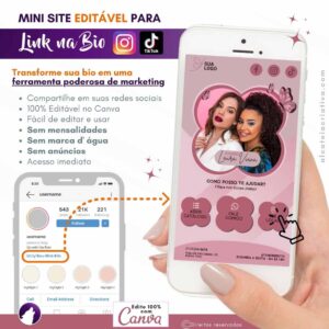 Mini-site editável Para Link Na Bio Para Maquiadora, Beauty Concept, Studio de Beleza | Instagram, TikTok | Design Criativo Gradiente Rosé Elegante | Template Editável | Canva