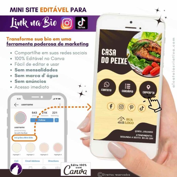 Mini-site editável Para Link Na Bio Para Peixaria e Petiscarias, Pesque e Pague, Casa do Peixe | Instagram, TikTok | Template Editável | Design Criativo e Moderno | Canva