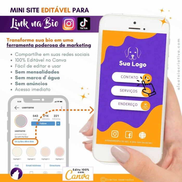 Mini-site editável Para Link Na Bio Para Pet Shops e Banho e Tosa Laranja e Roxo | Instagram, Tik Tok | Template Editável | Canva