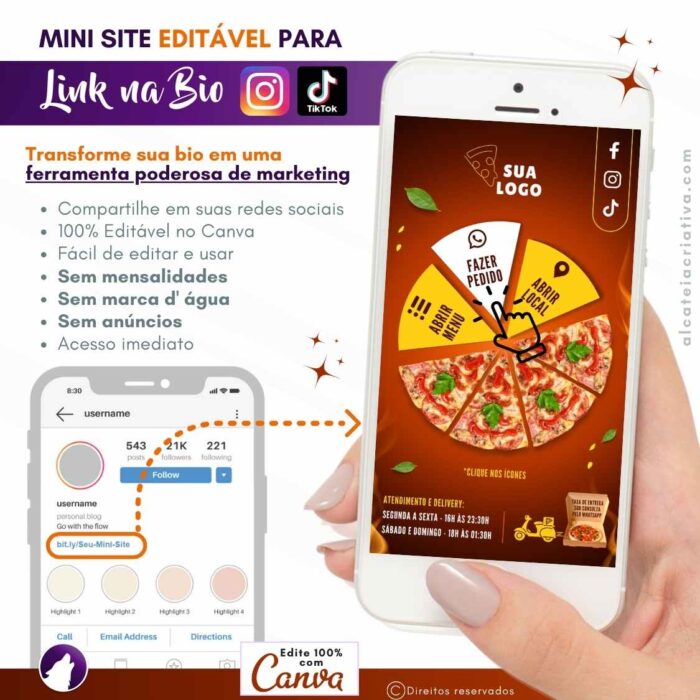 Mini-site editável Para Link Na Bio Para Pizzarias, Lanchonetes, Restaurantes | Instagram, TikTok | Design Criativo Moderno | Template Editável | Canva