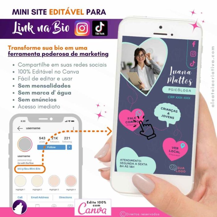 Mini-site editável Para Link Na Bio Para Psicólogos | Instagram, TikTok | Link na bio Design Criativo | Template Editável | Canva
