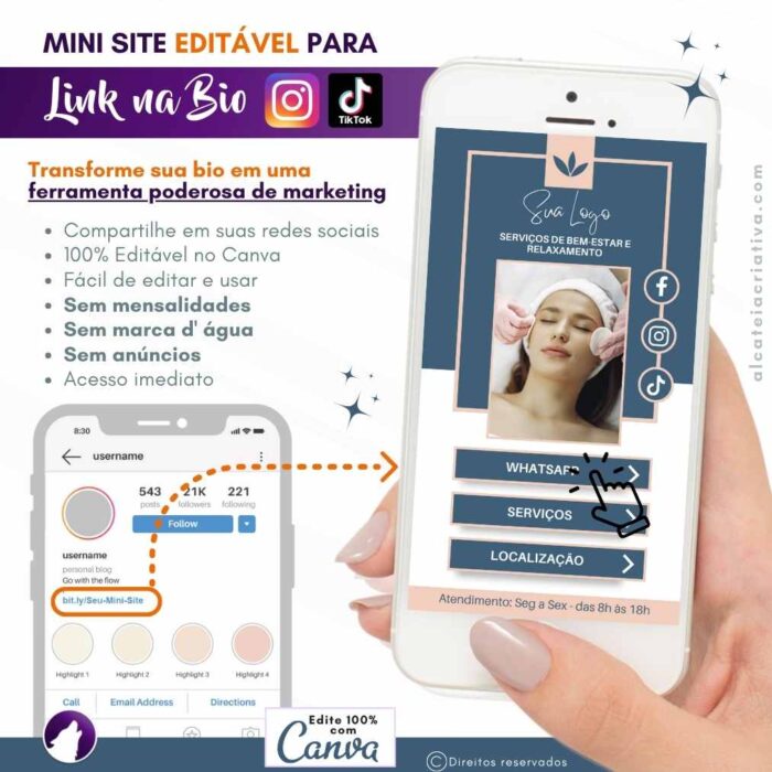 Mini-site editável Para Link Na Bio Para Spas e Casas de Relaxamento | Spa Relax | Instagram, Tik Tok | Template Editável | Canva
