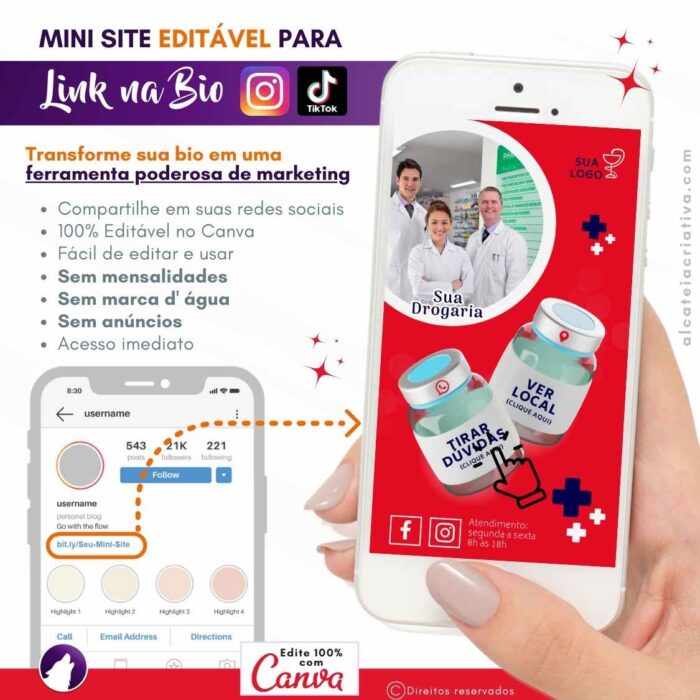 Mini-site Para Link Na Bio editável Para Farmácias, Drogarias e Profissionais da Saúde | Instagram, TikTok| Template Editável | Design Moderno e Criativo | Canva