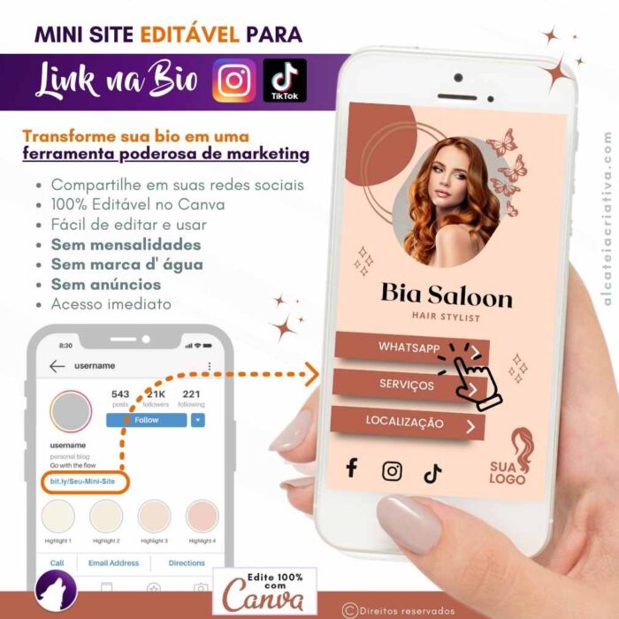 Mini-site Para Link Na Bio Para Salão de Beleza e Cabeleireiras | Bia Saloon Hair Stylist | Instagram, Tik Tok | Template Editável | Canva