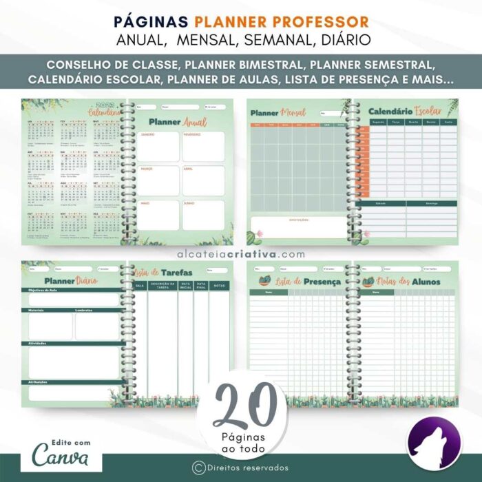 Planner Agenda Professor Profissional | Aquarela das Plantas | Completo Personalizado | Calendário, Plano de Aulas, Nota dos Alunos, etc | V1 | Template Editável | Canva - Image 5