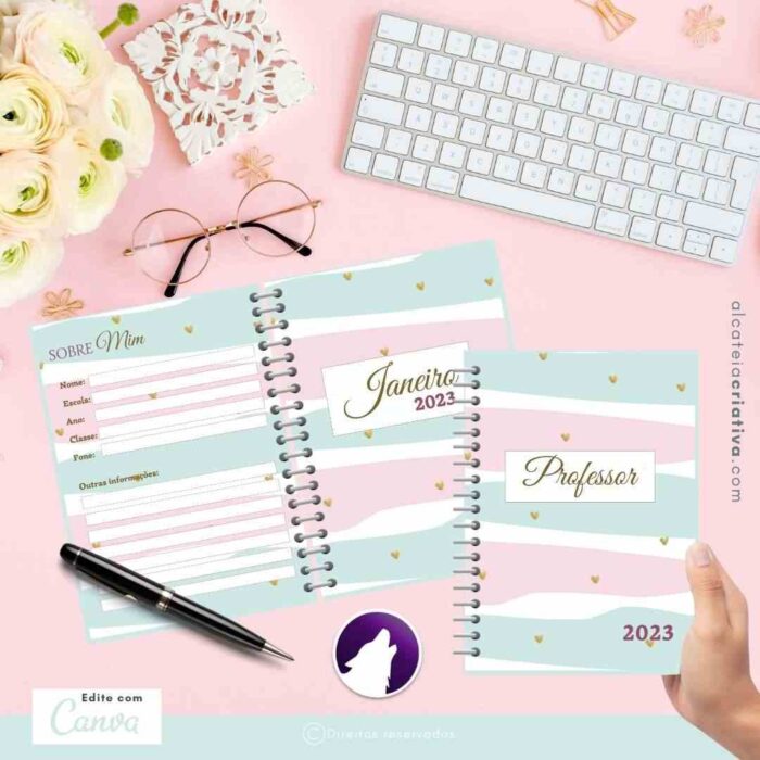 Planner Agenda Professor Profissional | Cute Rosa Azul Coração | Completo Personalizado | Calendário, Plano de Aulas, Nota dos Alunos, etc | V1 | Template Editável | Canva - Image 2
