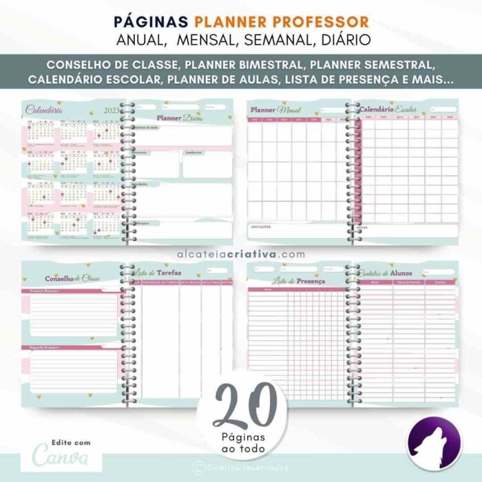 Planner Agenda Professor Profissional | Cute Rosa Azul Coração | Completo Personalizado | Calendário, Plano de Aulas, Nota dos Alunos, etc | V1 | Template Editável | Canva - Image 4
