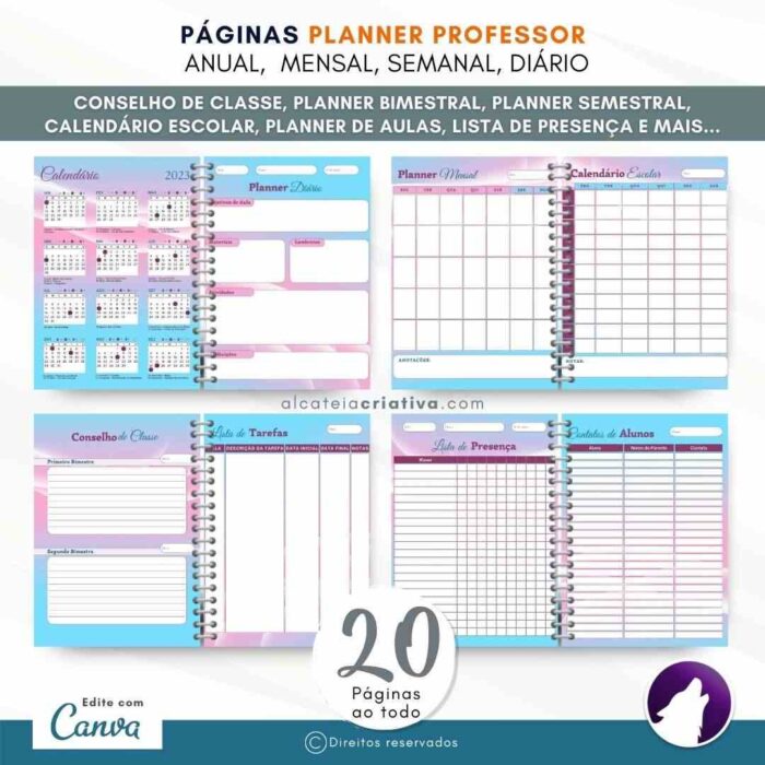 Planner Agenda Professor Profissional | Fenômeno Natural Rosa Azul  | Completo Personalizado | Calendário, Plano de Aulas, Nota dos Alunos, etc | V1 | Template Editável | Canva - Imagem 3