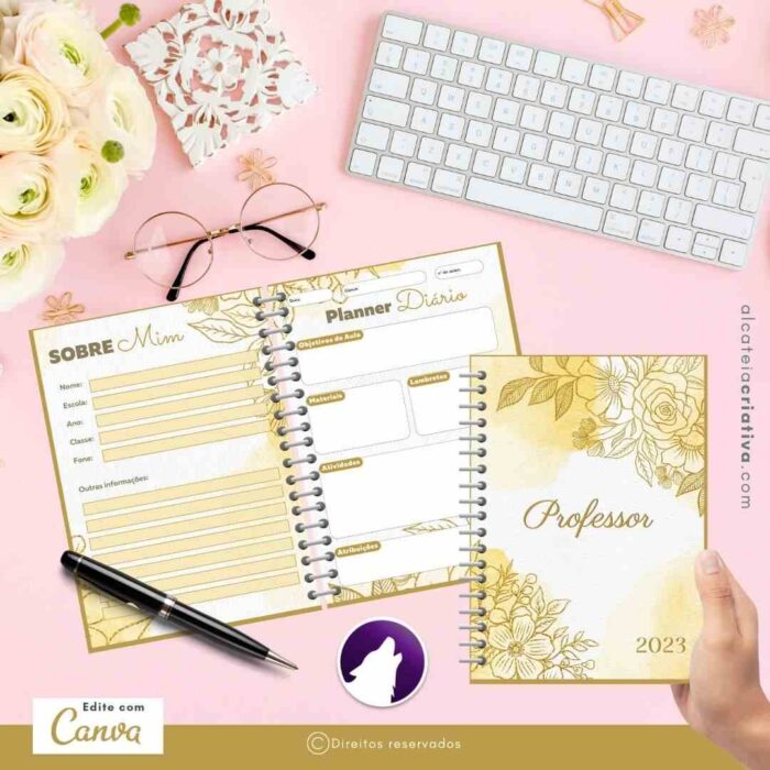 Planner Agenda Professor Profissional | Floral Gold | Completo Personalizado| Calendário, Plano de Aulas, Nota dos Alunos, etc | V1 | Template Editável | Canva - Image 2