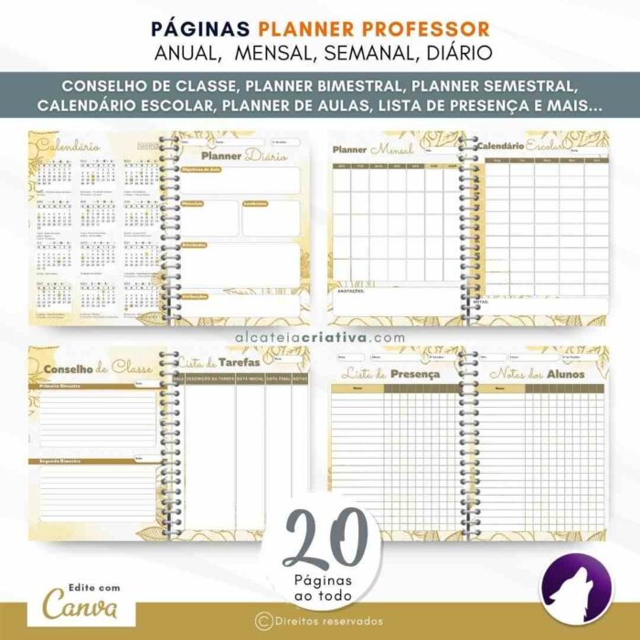 Planner Agenda Professor Profissional | Floral Gold | Completo Personalizado| Calendário, Plano de Aulas, Nota dos Alunos, etc | V1 | Template Editável | Canva - Image 3
