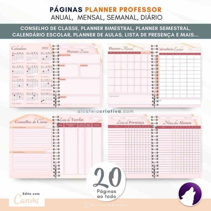 Planner Agenda Professor Profissional | Minimalista Rosinha | Completo Personalizado| Calendário, Hábitos, Plano de Aulas, Nota dos Alunos, etc | V1 | Template Editável | Canva - Image 4