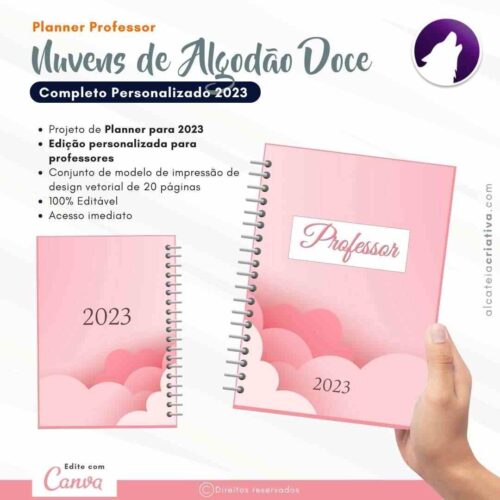 Planner Agenda Professor Profissional | Nuvens de Algodão Doce Rosa | Completo Personalizado | Calendário, Plano de Aulas, Nota dos Alunos, etc | V1 | Template Editável | Canva