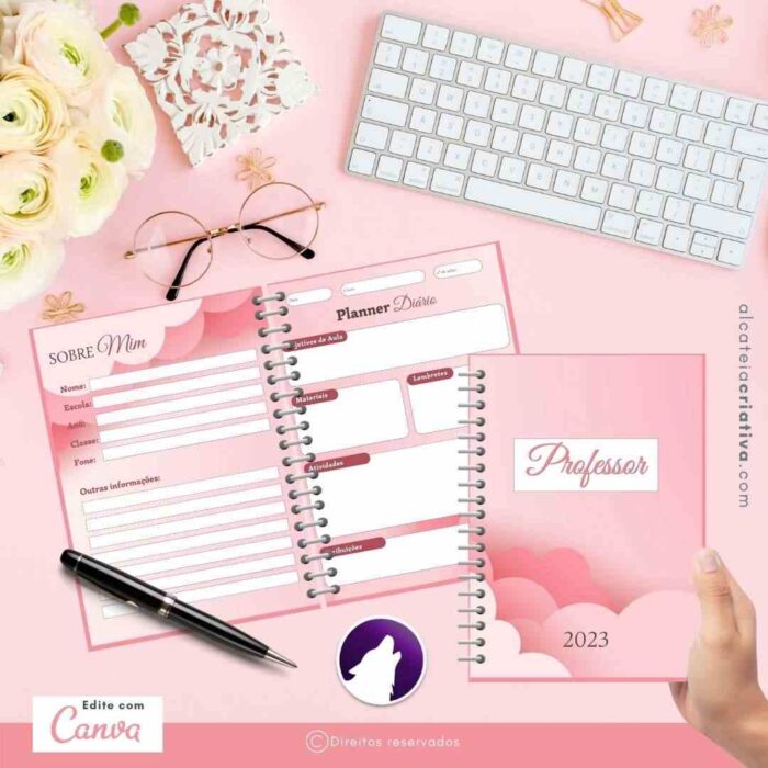 Planner Agenda Professor Profissional | Nuvens de Algodão Doce Rosa | Completo Personalizado | Calendário, Plano de Aulas, Nota dos Alunos, etc | V1 | Template Editável | Canva - Image 2