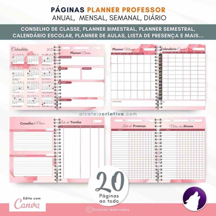 Planner Agenda Professor Profissional | Nuvens de Algodão Doce Rosa | Completo Personalizado | Calendário, Plano de Aulas, Nota dos Alunos, etc | V1 | Template Editável | Canva - Image 3
