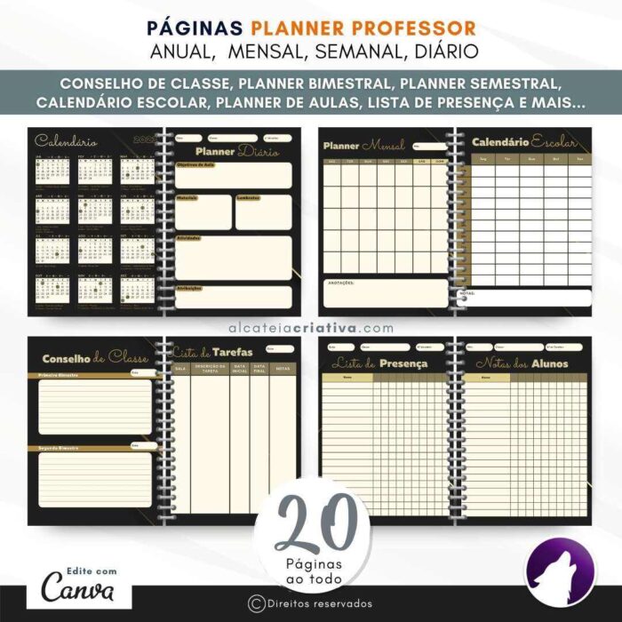 Planner Agenda Professor Profissional | Prof Luxo Black | Completo Personalizado | Calendário, Plano de Aulas, Nota dos Alunos, etc | V1 | Template Editável | Canva - Image 4