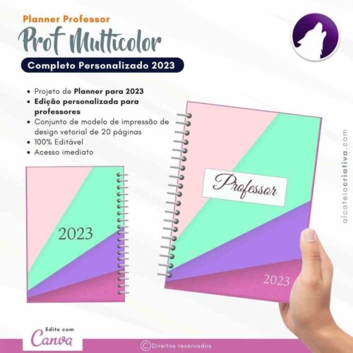 Planner Agenda Professor Profissional | Prof Multicolor | Completo Personalizado | Calendário, Plano de Aulas, Nota dos Alunos, etc | V1 | Template Editável | Canva