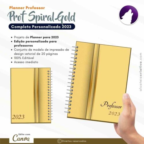 Planner Agenda Professor Profissional | Prof Spiral Gold | Completo Personalizado | Calendário, Plano de Aulas, Nota dos Alunos, etc | V1 | Template Editável | Canva