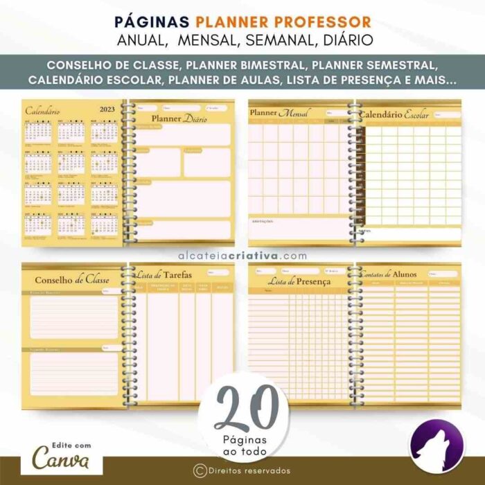 Planner Agenda Professor Profissional | Prof Spiral Gold | Completo Personalizado | Calendário, Plano de Aulas, Nota dos Alunos, etc | V1 | Template Editável | Canva - Image 3
