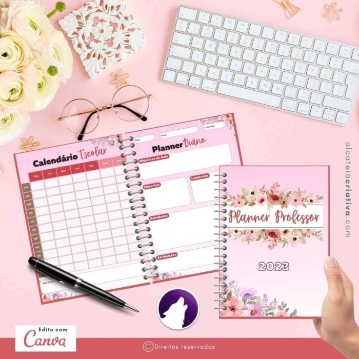 Planner Agenda Professor Profissional | Rosa Floral | Completo Personalizado | Calendário, Plano de Aulas, Nota dos Alunos, etc | V1 | Template Editável | Canva - Image 2