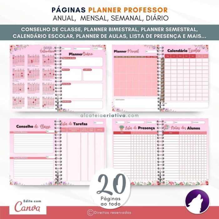 Planner Agenda Professor Profissional | Rosa Floral | Completo Personalizado | Calendário, Plano de Aulas, Nota dos Alunos, etc | V1 | Template Editável | Canva - Image 5