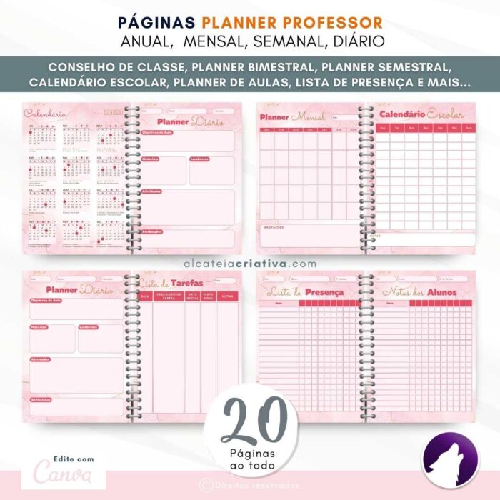 Planner Agenda Professor Profissional | Rosa Minimalista Elegâncie | Completo Personalizado | Calendário, Plano de Aulas, Nota dos Alunos, etc | V1 | Template Editável | Canva - Image 4